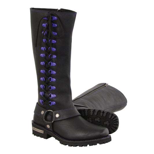 Milwaukee Leather MBL9366 Women's Black 14-inch Leather Harness Motorcycle Boots with Purple Accent Lacing