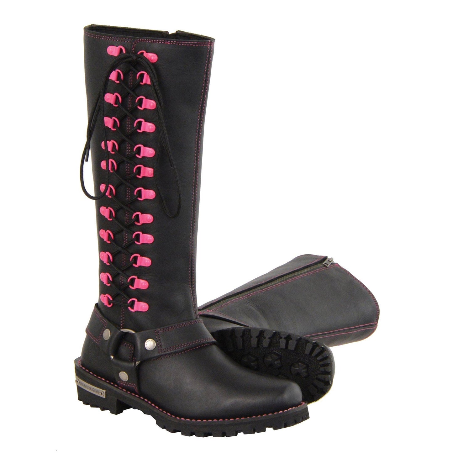 Milwaukee Leather MBL9367 Women's Black 14-inch Leather Harness Motorcycle Boots with Fuchsia Accent Lacing