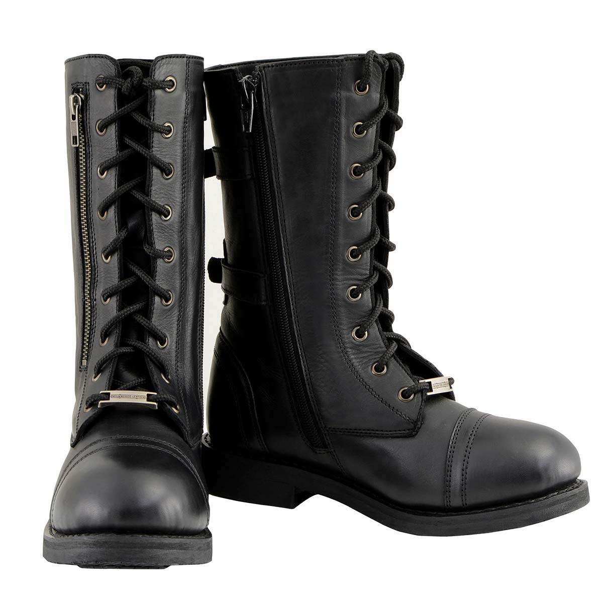 Milwaukee Leather MBL9369 Women's ‘Graze’ Black Leather Lace-Up Motorcycle Boots with Zipper Pocket