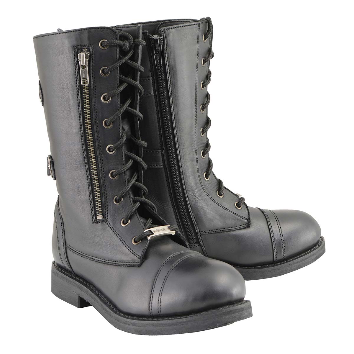 Milwaukee Leather MBL9369 Women's ‘Graze’ Black Leather Lace-Up Motorcycle Boots with Zipper Pocket