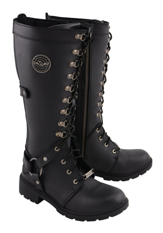 Milwaukee Leather MBL9380 Women's Black 'Jane' 15-inch Leather Combat Style Harness Motorcycle Boots