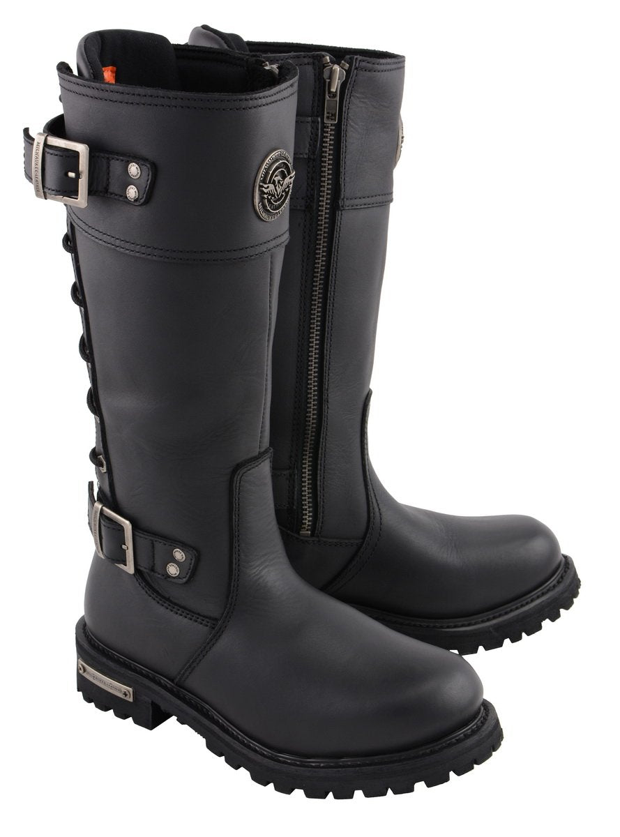 Milwaukee Leather MBL9385 Women's Black Leather 15-Inch Calf Laced Motorcycle Riding Boots with Side Zipper