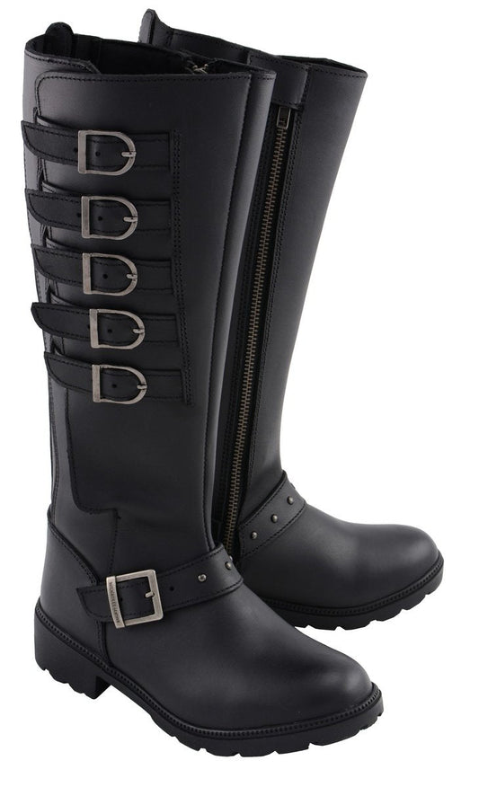 Milwaukee Leather MBL9395 Women's Black Leather 17-Inch Side Strap Riding Motorcycle Boots with Side Zipper