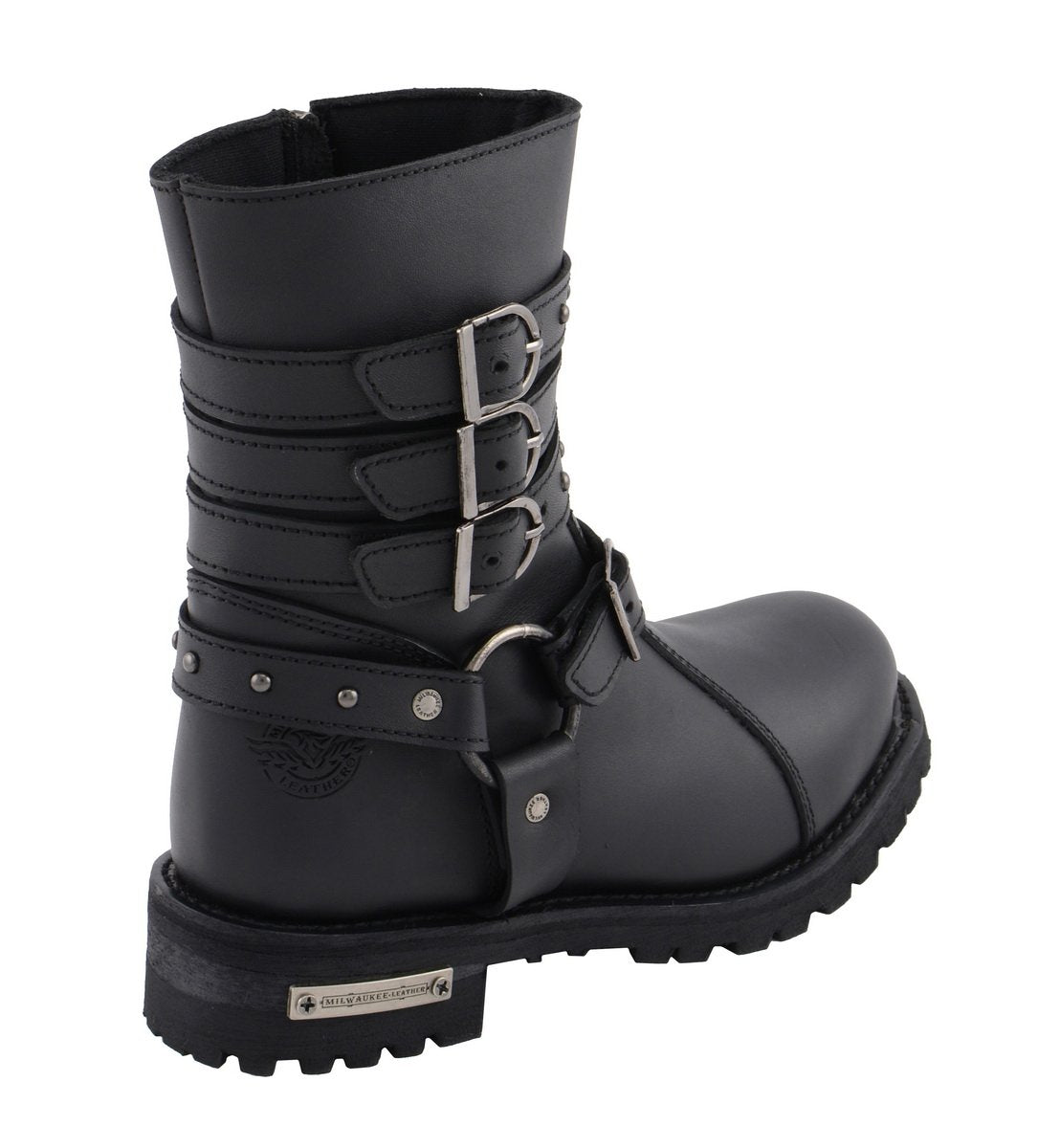 Milwaukee Leather MBL9399 Women's 9-Inch Triple Buckle Black Leather Harness Biker Boots w/ Side Zipper Entry