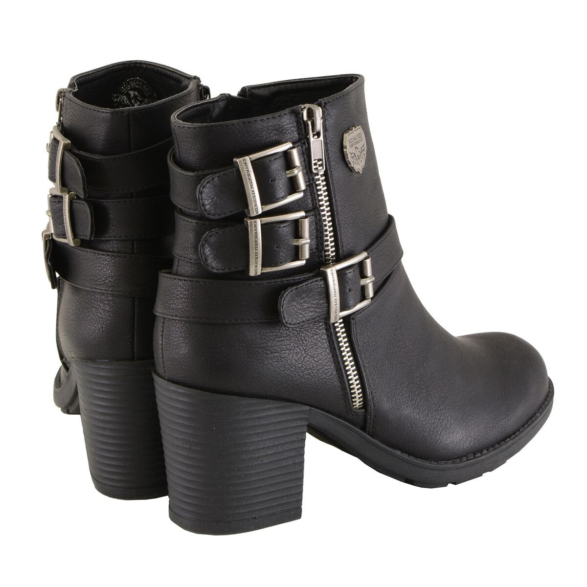 Milwaukee Leather MBL9405 Women's Short Black Fashion Boots with Side Zippers and Triple Buckle Adjustment