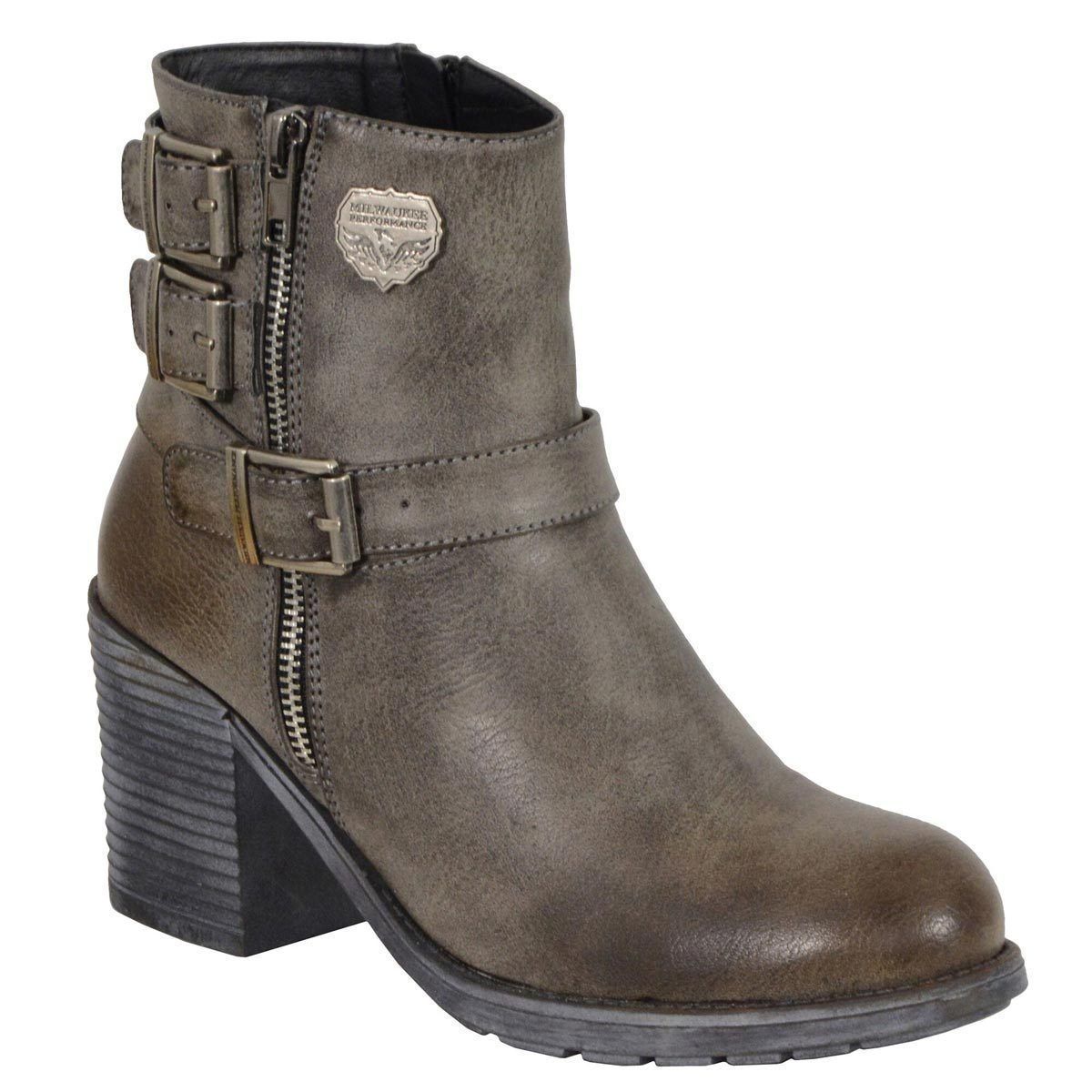 Milwaukee Leather MBL9406 Women's Stone Grey 3-Buckle Leather Boots with Platform Heel