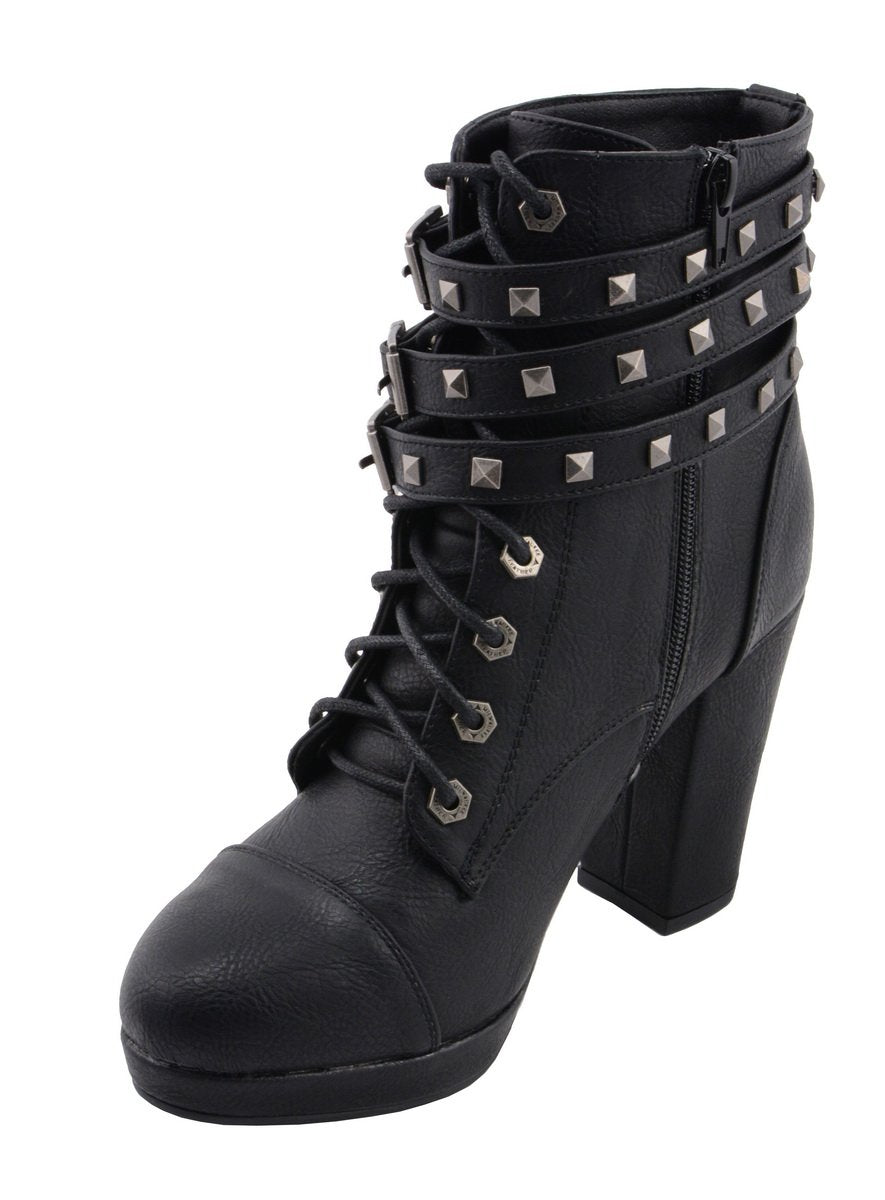 Milwaukee Leather MBL9417 Women's Black Lace-Up Fashion Boots with Triple Strap Studded Accents