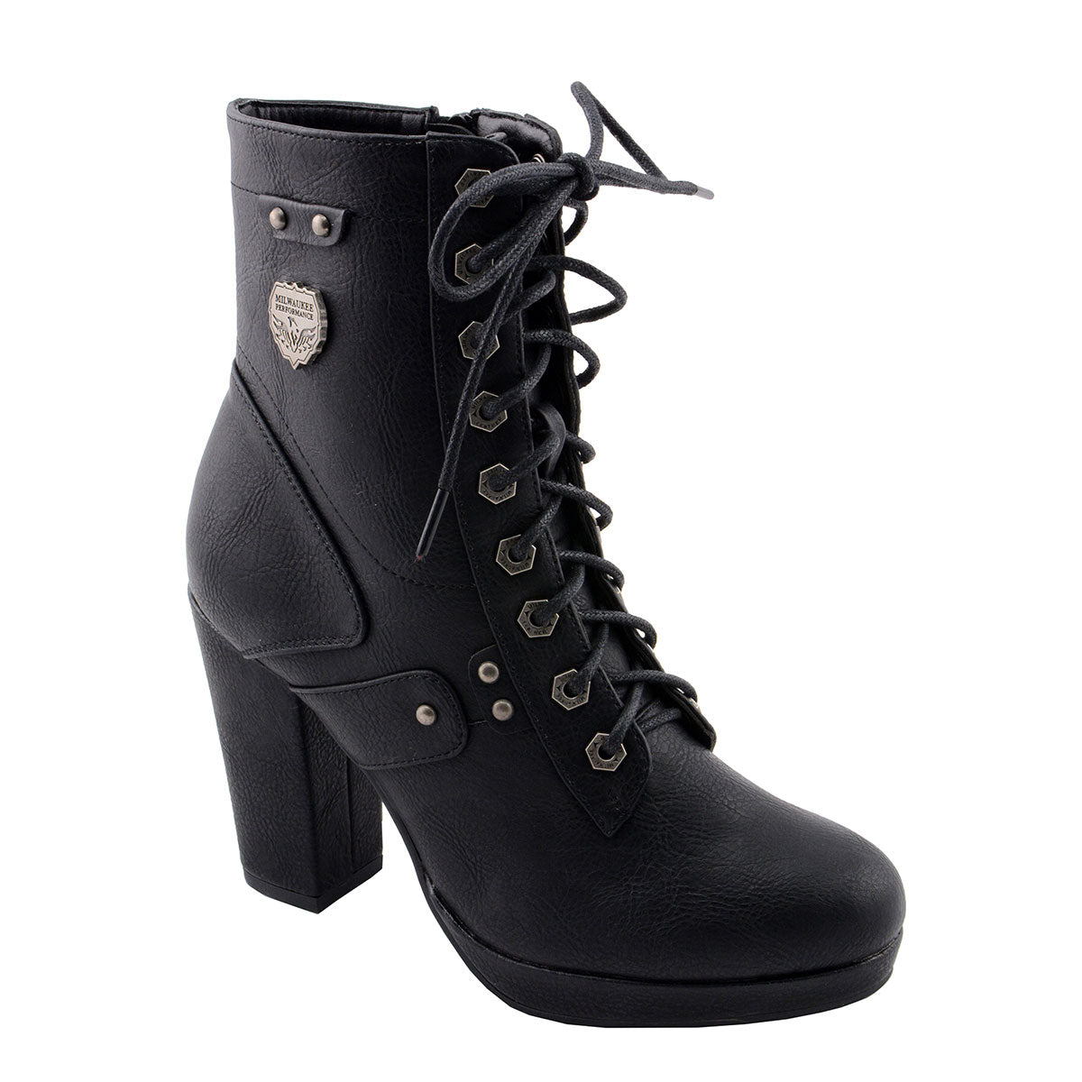 Milwaukee Leather MBL9418 Women's Black Lace-Up Fashion Boots with Studded Accents and Platform Heel