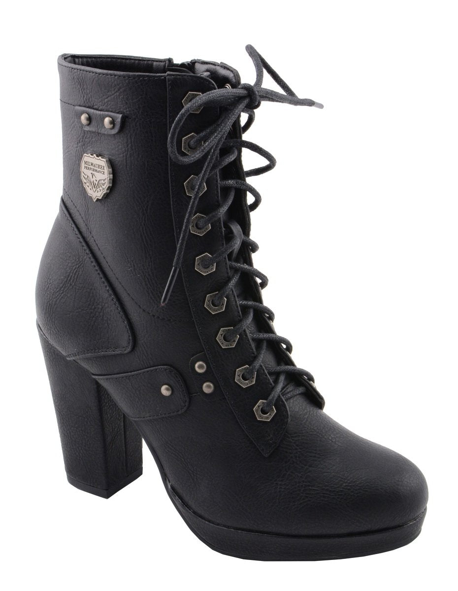 Milwaukee Leather MBL9418 Women's Black Lace-Up Fashion Boots with Studded Accents and Platform Heel