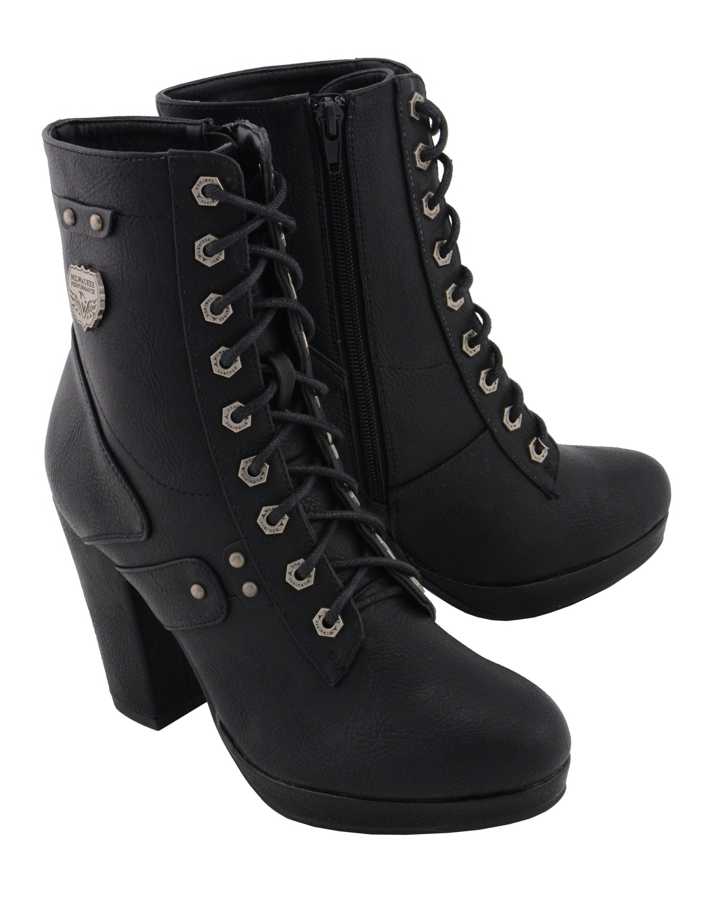 Milwaukee Leather MBL9418 Women's Black Lace-Up Fashion Boots with Studded Accents and Platform Heel