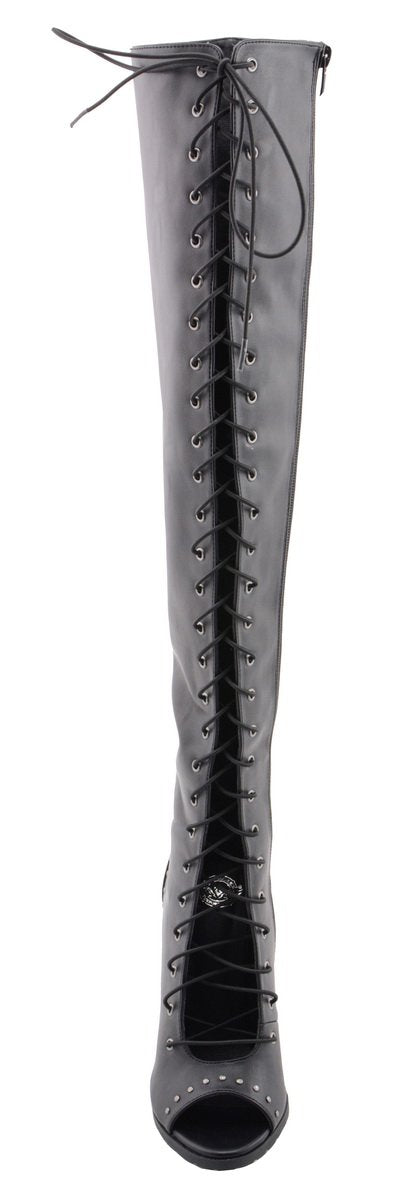 Milwaukee Leather MBL9421 Women's Black Lace-Up Knee-High Fashion Casual Boots with Open Toe