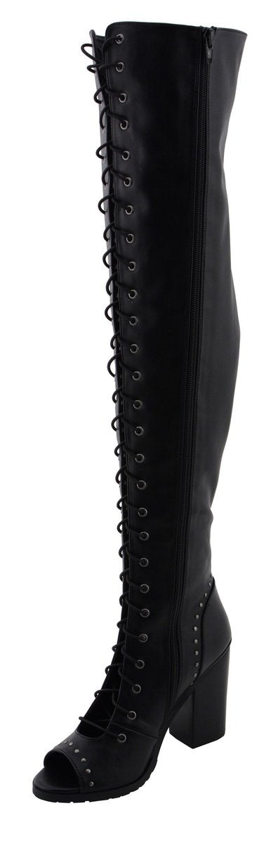 Milwaukee Leather MBL9421 Women's Black Lace-Up Knee-High Fashion Casual Boots with Open Toe