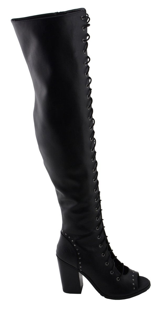 Milwaukee Leather MBL9421 Women's Black Lace-Up Knee-High Fashion Casual Boots with Open Toe