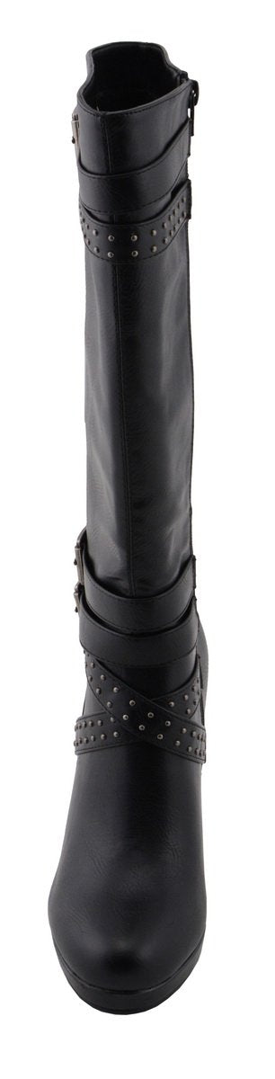 Milwaukee Leather MBL9422 Women's Tall Black Studded Strap Fashion Casual Boots with Platform Heel