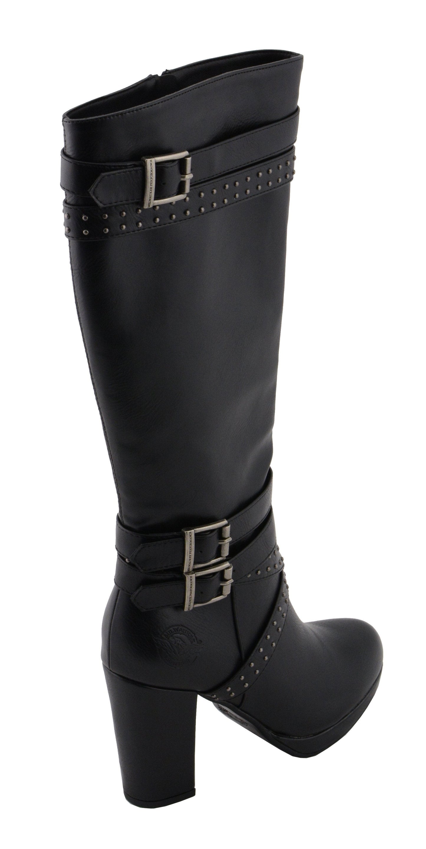 Milwaukee Leather MBL9422 Women's Tall Black Studded Strap Fashion Casual Boots with Platform Heel