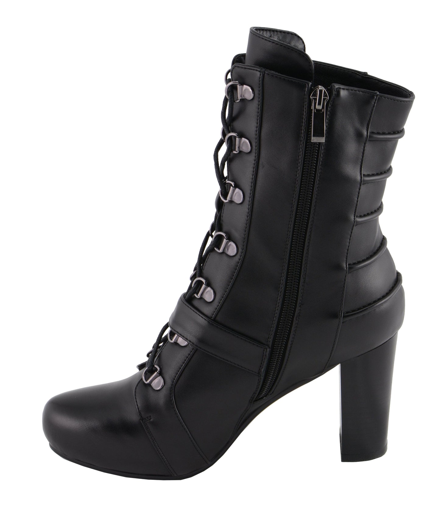 Milwaukee Leather MBL9431 Women's Black Lace-Up Fashion Boots with Block Heel and Buckle Strap