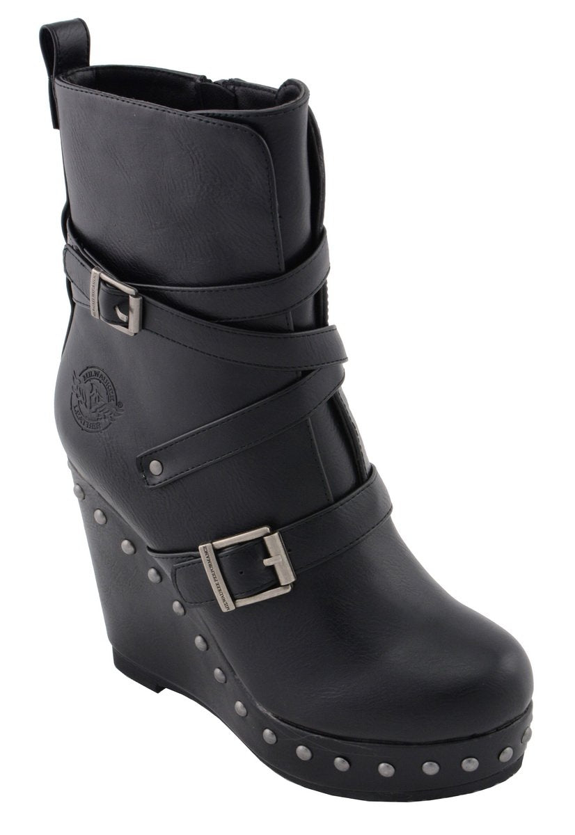 Milwaukee Leather MBL9437 Women's Black Triple Strap Fashion Boots with Platform Wedge