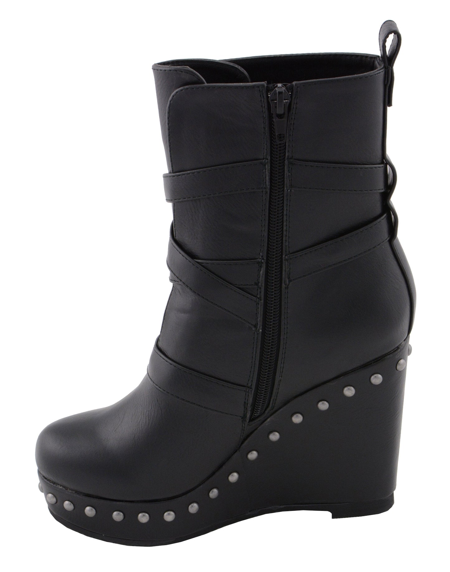 Milwaukee Leather MBL9437 Women's Black Triple Strap Fashion Boots with Platform Wedge