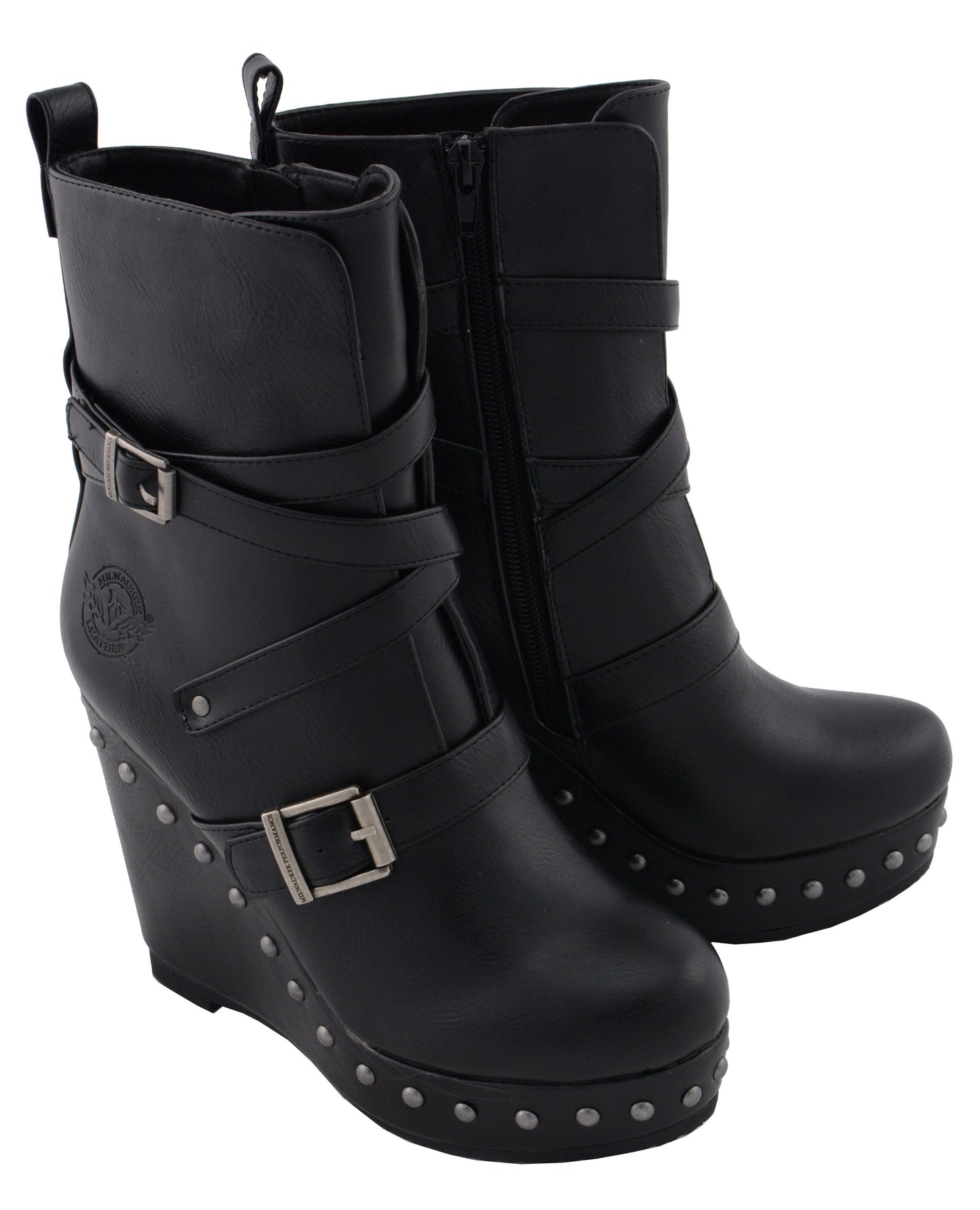 Milwaukee Leather MBL9437 Women's Black Triple Strap Fashion Boots with Platform Wedge