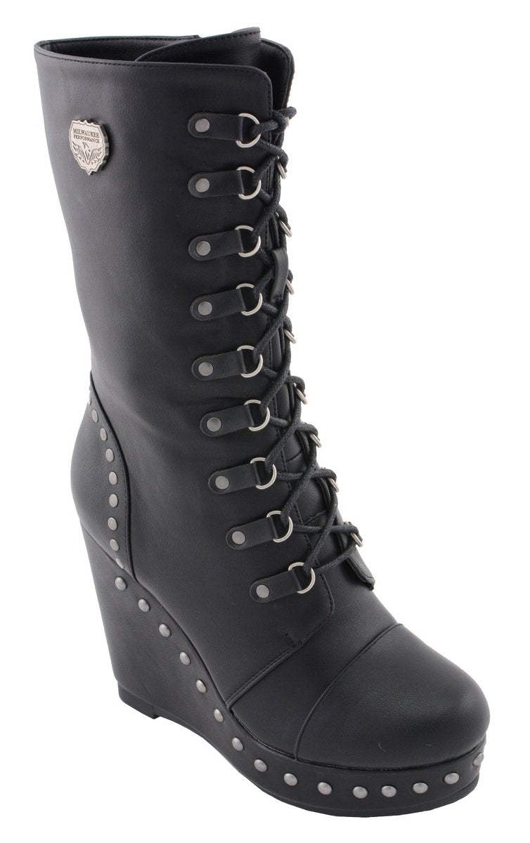 Milwaukee Leather MBL9438 Women's Black Tall Lace-Up Fashion Casual Boots with Platform Wedge