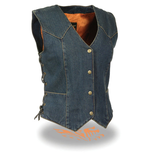 Milwaukee Leather MDL4001 Women's Blue Side Lace 4 Snap Front Denim Vest