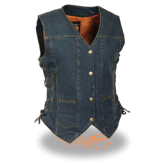 Milwaukee Leather MDL4020 Women's Classic Blue ‘6 Pocket’ Side Lace Denim Vest