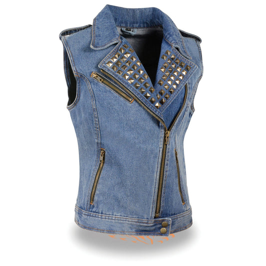 Milwaukee Leather MDL4030 Women's Blue Denim Zipper Front Motorcycle Vest with Studded Spikes