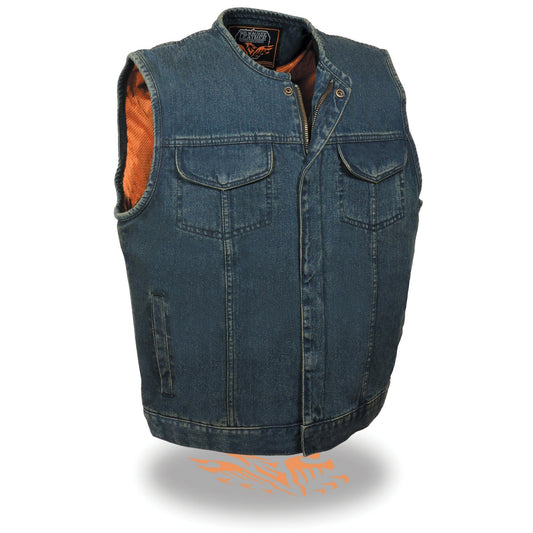 Milwaukee Leather MDM3001 Men's 'Covert' Blue Denim Collarless Club Style Motorcycle Biker Vest w/ Dual Closure