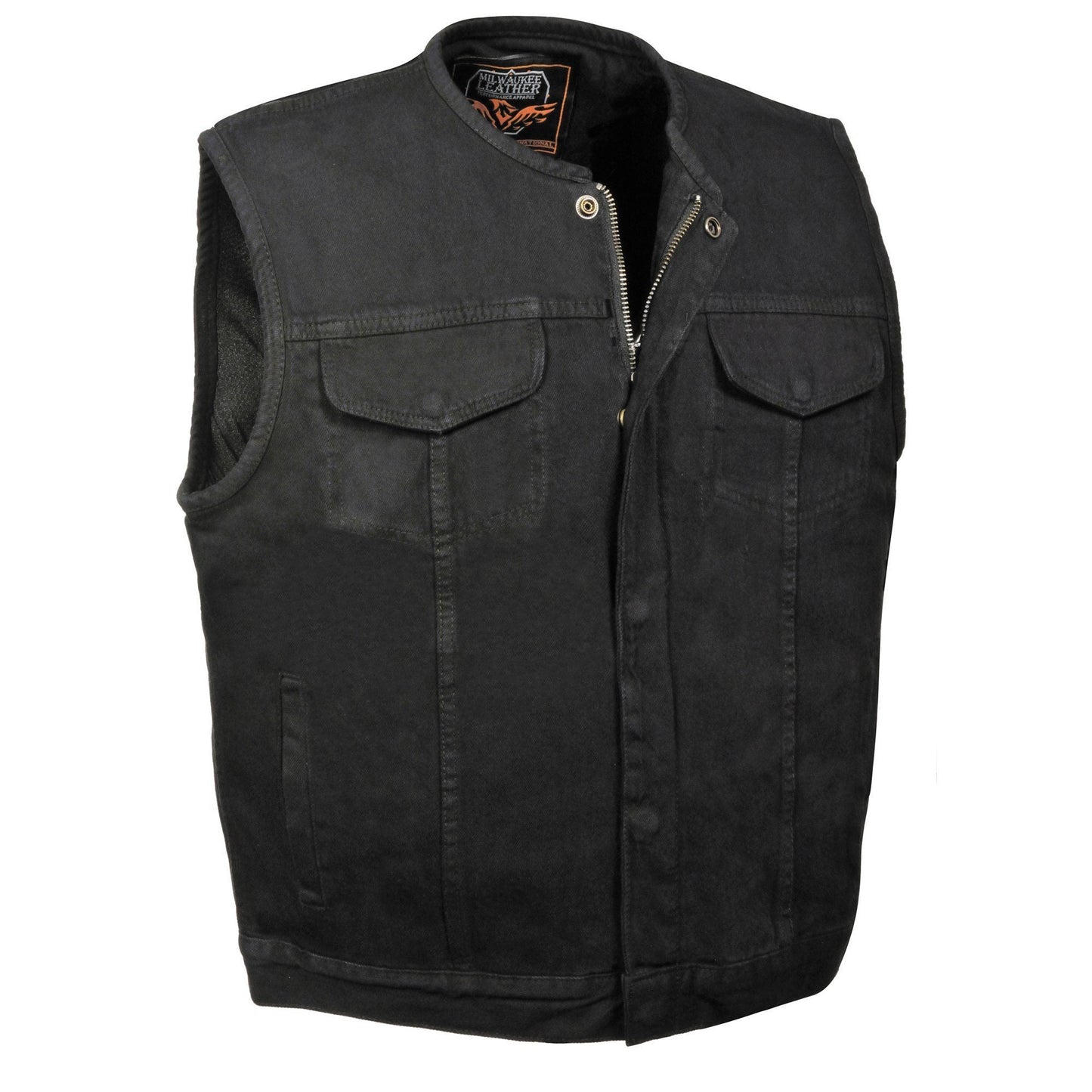 Milwaukee Leather MDM3001 Men's 'Covert' Black Denim Collarless Club Style Motorcycle Biker Vest w/ Dual Closure