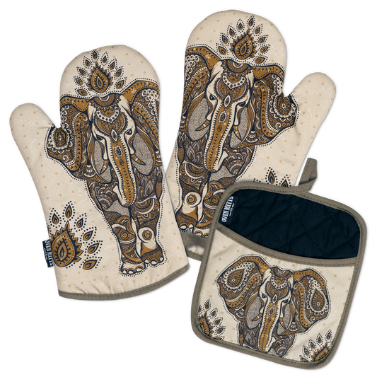 Elephant Boho Oven Mitts And Potholder Set