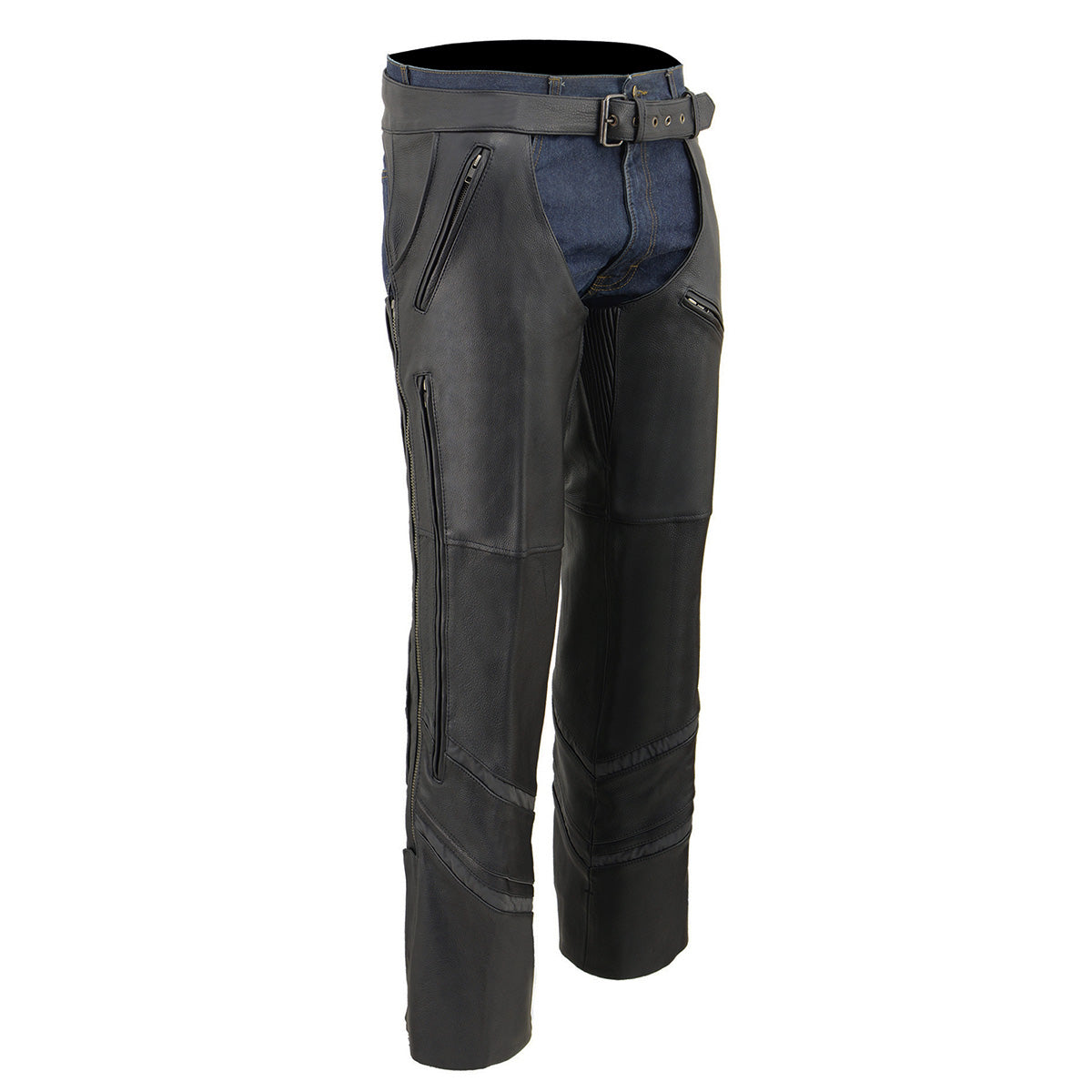 Milwaukee Leather Chaps for Men's Black Vented Naked Leather - Reflective Piping 5 Pockets Motorcycle Chap - ML1144