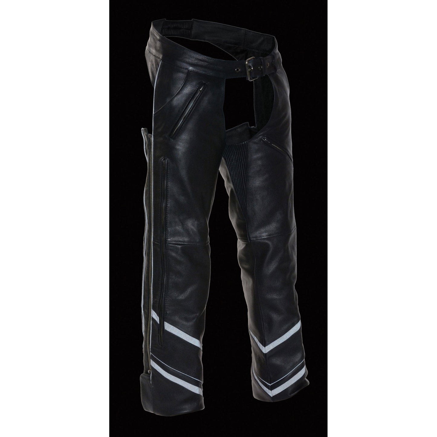 Milwaukee Leather Chaps for Men's Black Vented Naked Leather - Reflective Piping 5 Pockets Motorcycle Chap - ML1144