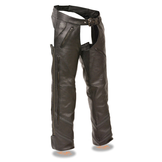 Milwaukee Leather Chaps for Men's Black Vented Naked Leather - Reflective Piping 5 Pockets Motorcycle Chap - ML1144