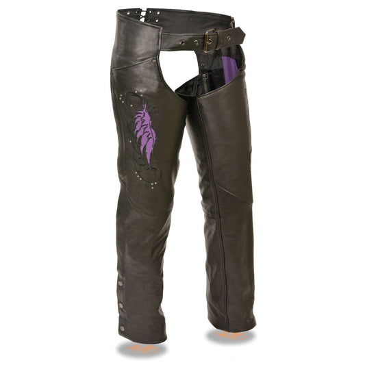 Milwaukee Leather Chaps for Women Black Naked Skin- Classic Black and Purple Wing Embroidery Motorcycle Chap ML1179