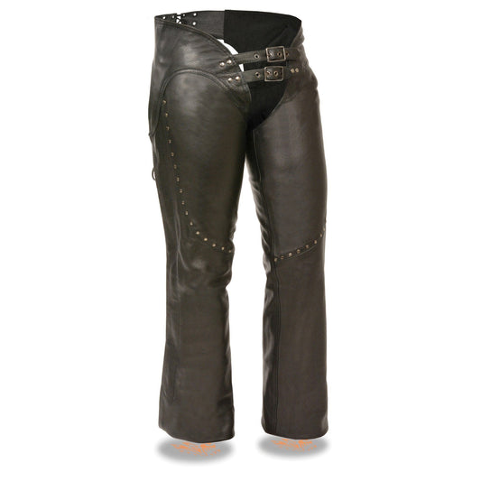 Milwaukee Leather Chaps for Women Black Low-Rise Waist- Front Double Buckle Rivet Detailing Motorcycle Chap- ML1186