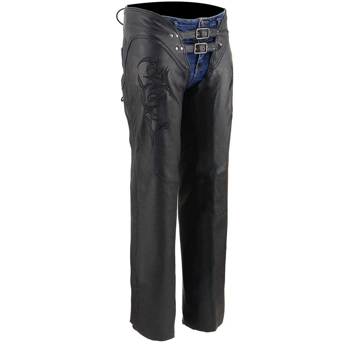 Milwaukee Leather Chaps for Women Black Low-Rise Waist- Double Buckle Reflective Embroidery Motorcycle Chap- ML1187