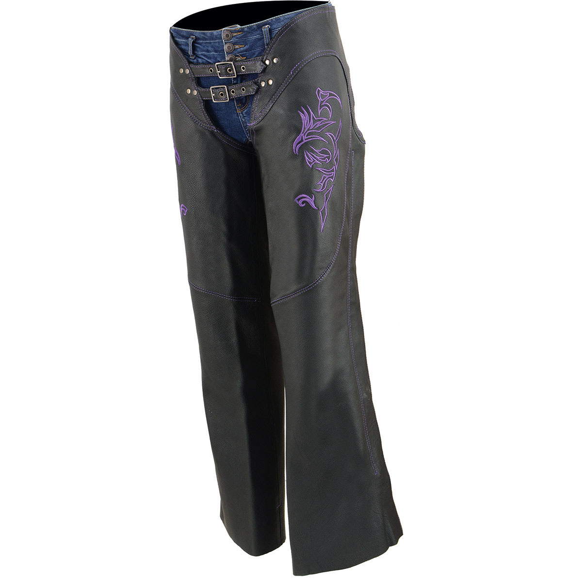 Milwaukee Leather Chaps for Women Black and Purple Low-Rise Waist- Double Buckle Reflective Embroidery Motorcycle Chap- ML1187