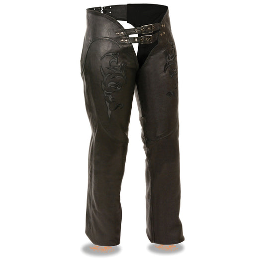 Milwaukee Leather Chaps for Women Black Low-Rise Waist- Double Buckle Reflective Embroidery Motorcycle Chap- ML1187