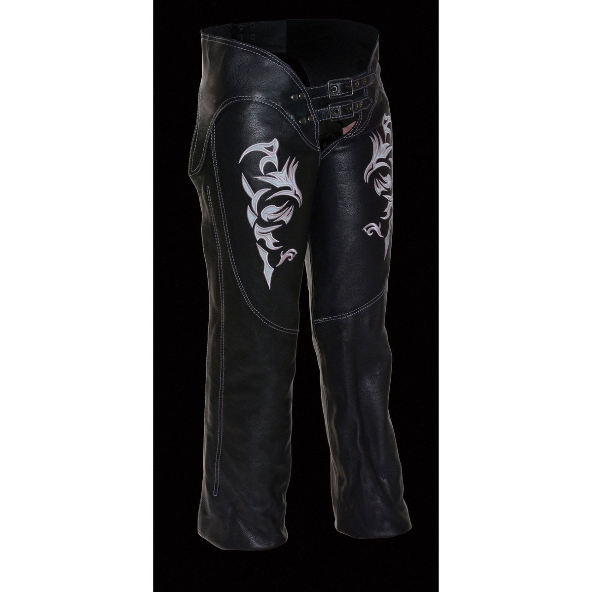 Milwaukee Leather Chaps for Women Black and Pink Low-Rise Waist- Double Buckle Reflective Embroidery Motorcycle Chap- ML1187