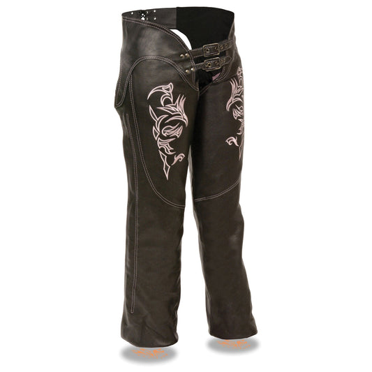 Milwaukee Leather Chaps for Women Black and Pink Low-Rise Waist- Double Buckle Reflective Embroidery Motorcycle Chap- ML1187