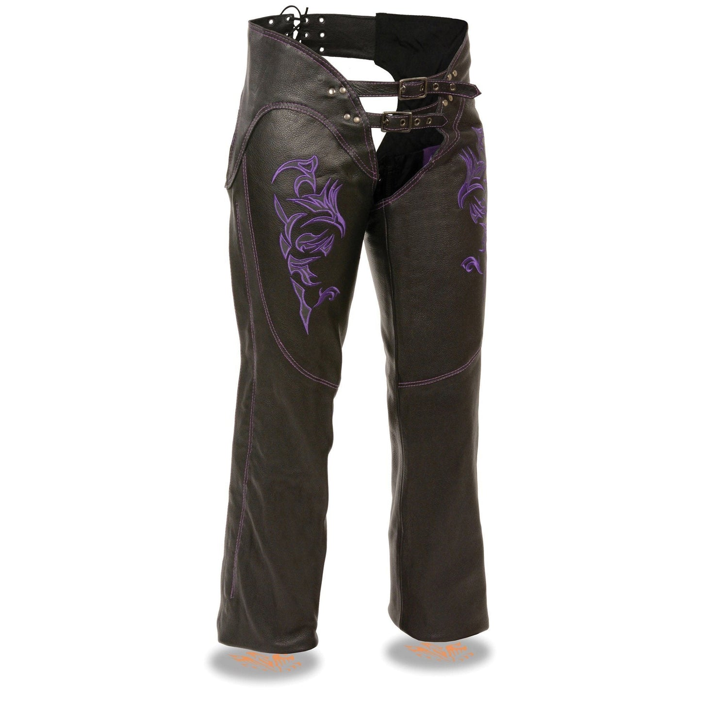 Milwaukee Leather Chaps for Women Black and Purple Low-Rise Waist- Double Buckle Reflective Embroidery Motorcycle Chap- ML1187