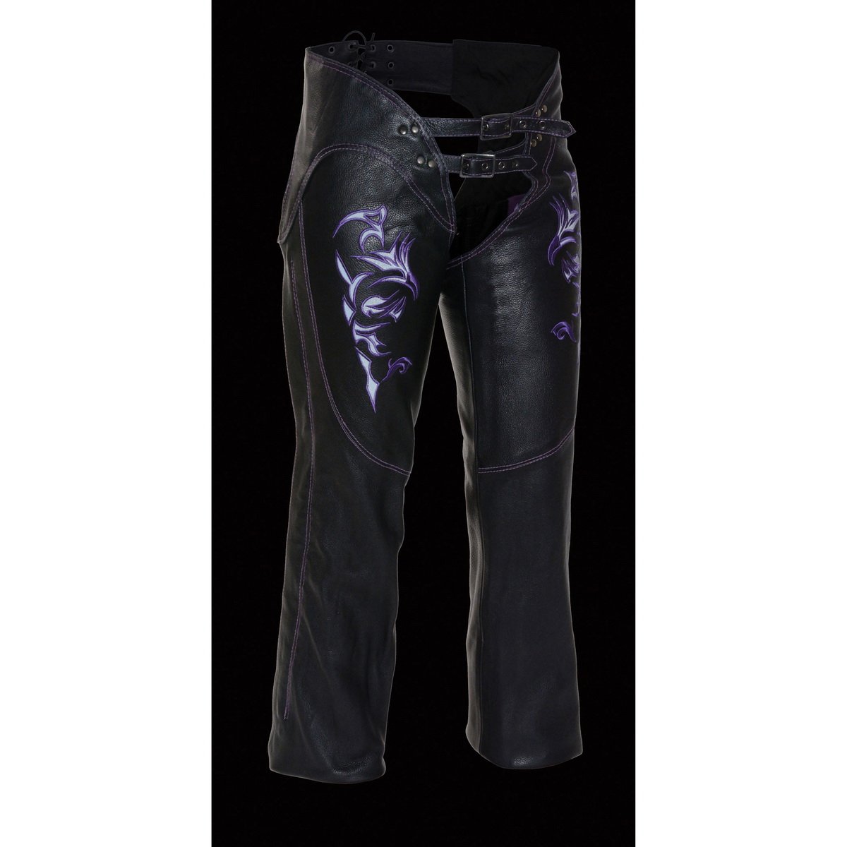 Milwaukee Leather Chaps for Women Black and Purple Low-Rise Waist- Double Buckle Reflective Embroidery Motorcycle Chap- ML1187