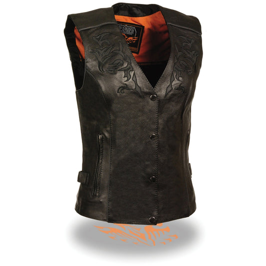 Milwaukee Leather ML1296 Women's Black Leather Side Lace Motorcycle Rider Vest- Reflective Piping and Black Skulls