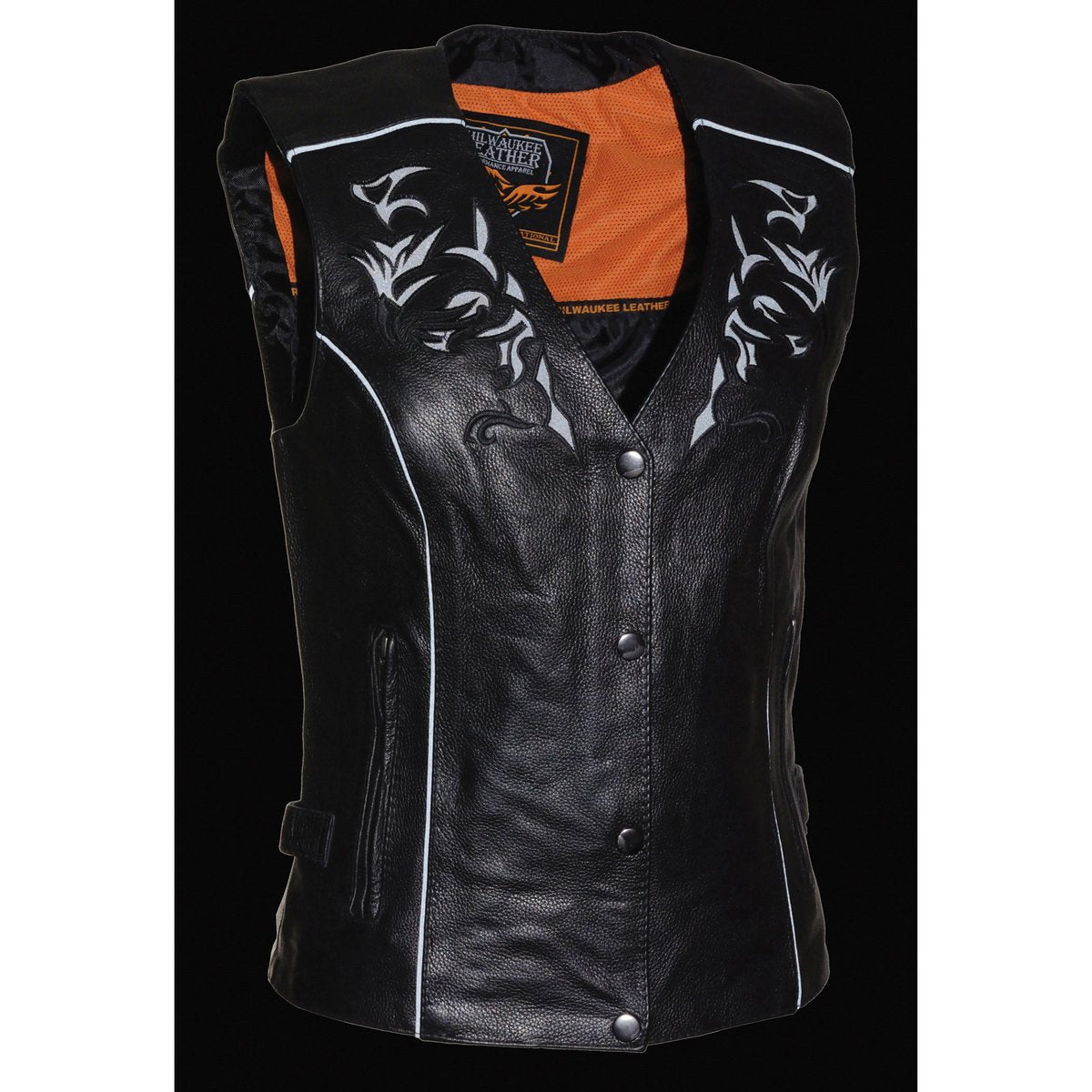 Milwaukee Leather ML1296 Women's Black Leather Side Lace Motorcycle Rider Vest- Reflective Piping and Black Skulls