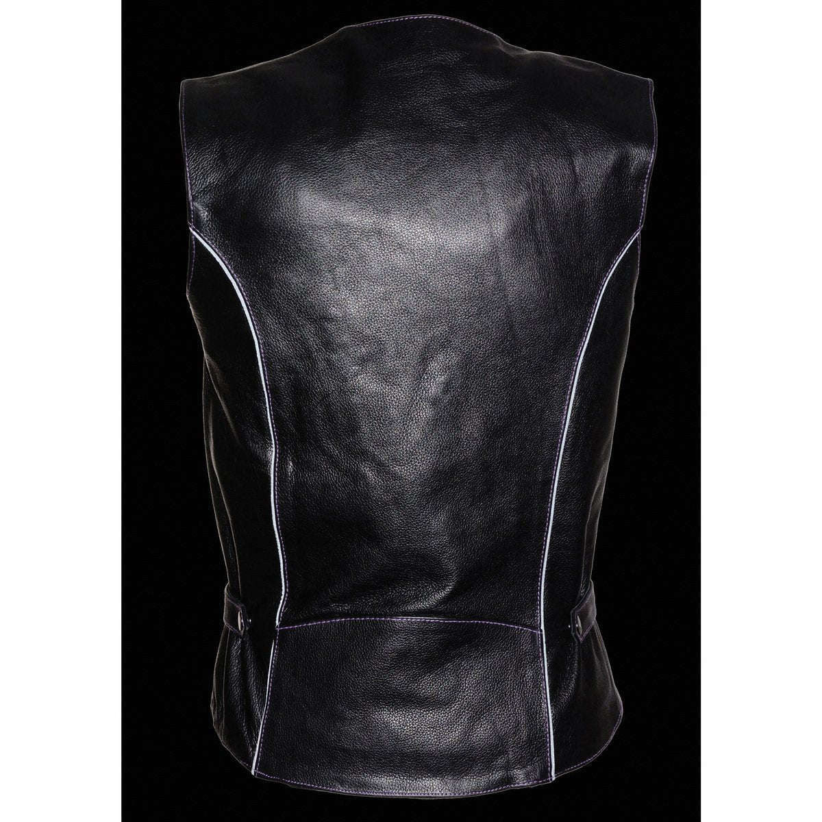 Milwaukee Leather ML1296 Women's Black Leather Side Lace Motorcycle Rider Vest- Reflective Piping and Purple Skulls