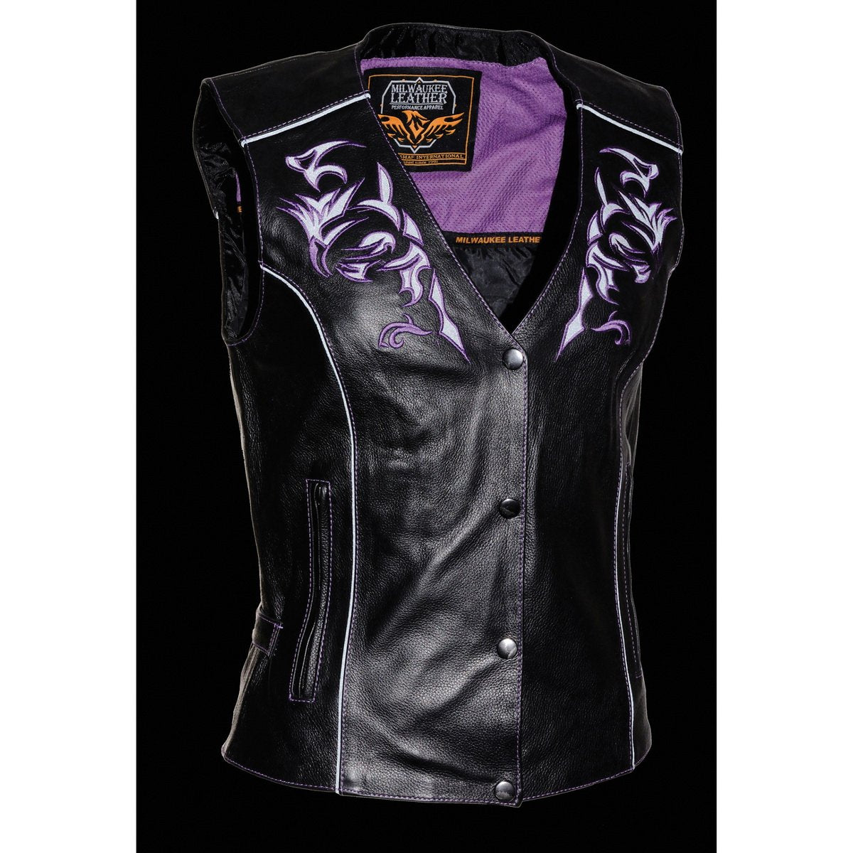 Milwaukee Leather ML1296 Women's Black Leather Side Lace Motorcycle Rider Vest- Reflective Piping and Purple Skulls