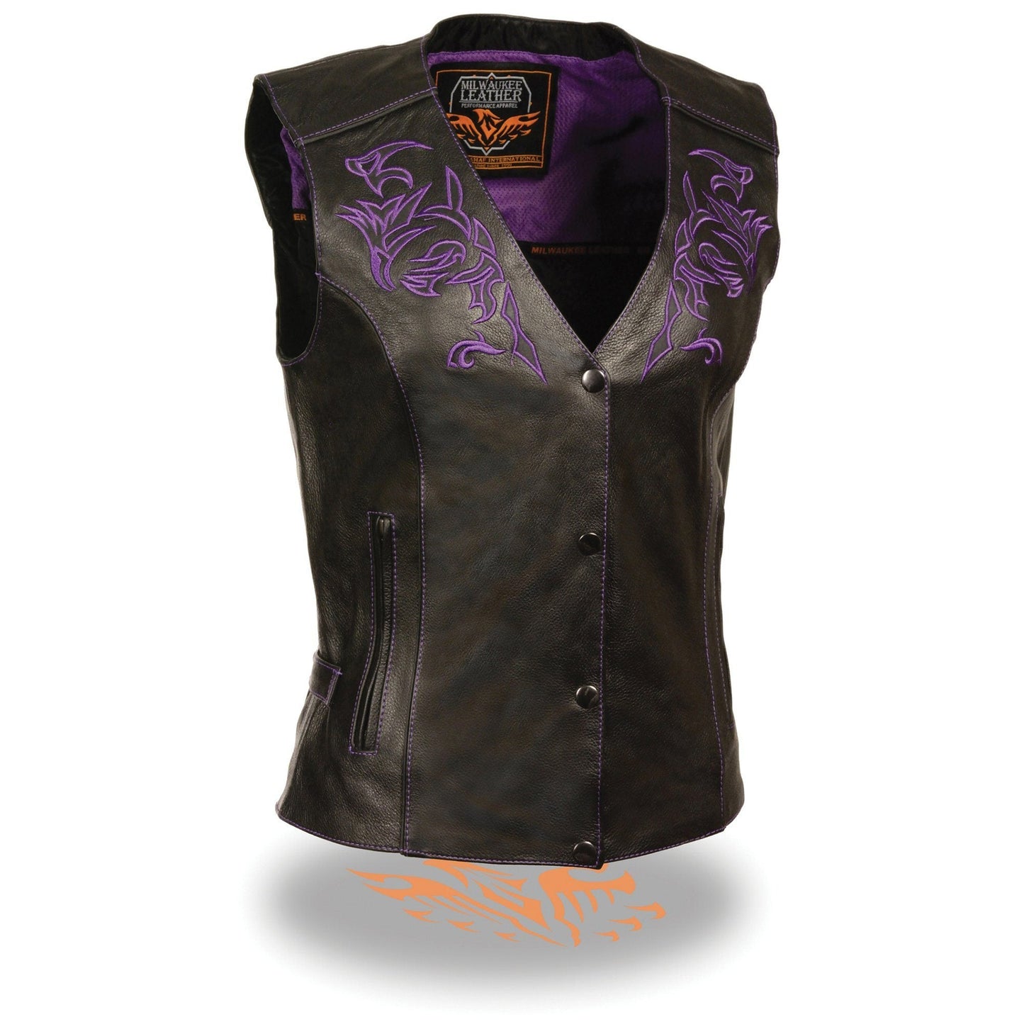 Milwaukee Leather ML1296 Women's Black Leather Side Lace Motorcycle Rider Vest- Reflective Piping and Purple Skulls