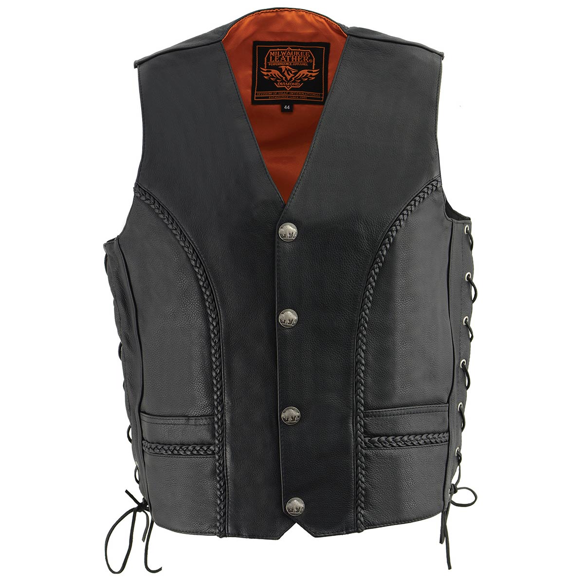 Milwaukee Leather ML1359 Men's Black Naked Leather Side Lace Motorcycle Rider Vest w/ Buffalo Nickel Snaps Closure