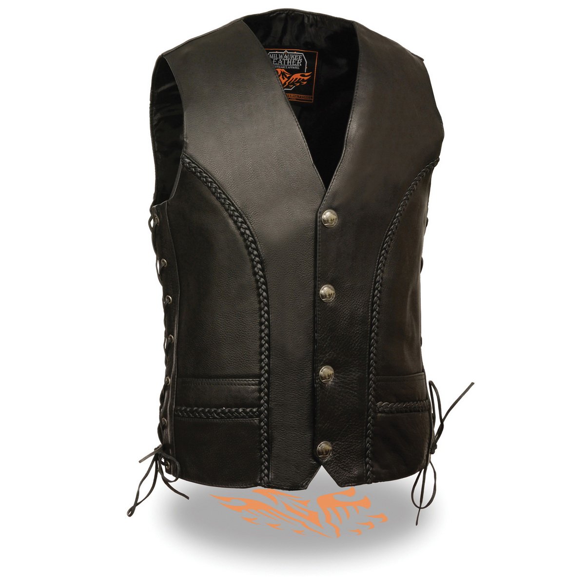 Milwaukee Leather ML1359 Men's Black Naked Leather Side Lace Motorcycle Rider Vest w/ Buffalo Nickel Snaps Closure