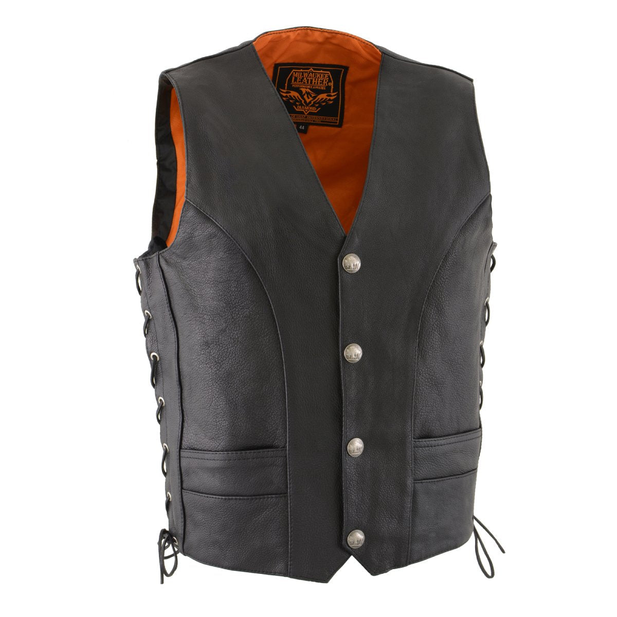 Milwaukee Leather ML1369 Men's Black Naked Leather Side Lace Motorcycle Rider Vest w/ Buffalo Nickel Snaps Closure